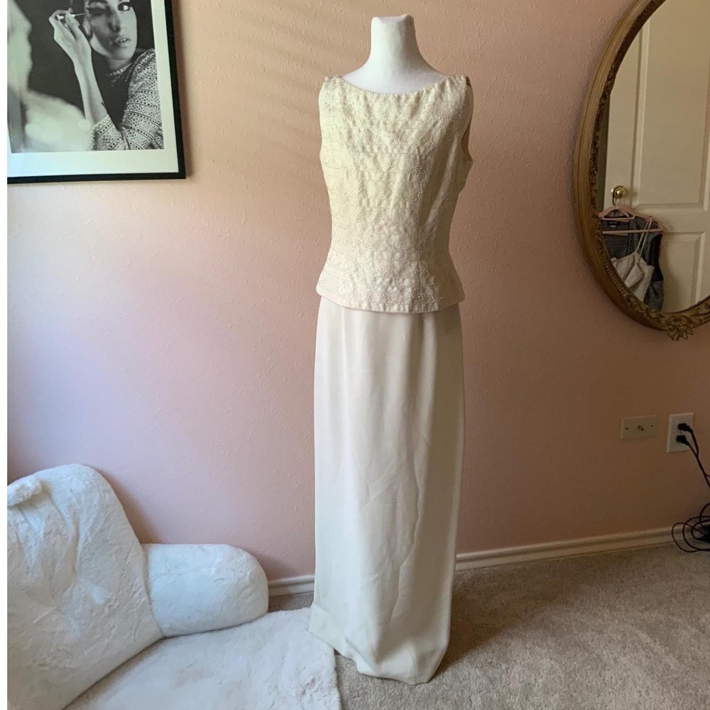 Vintage 80s / 90s White Beaded Peplum Top and Skirt Formal Dress Set